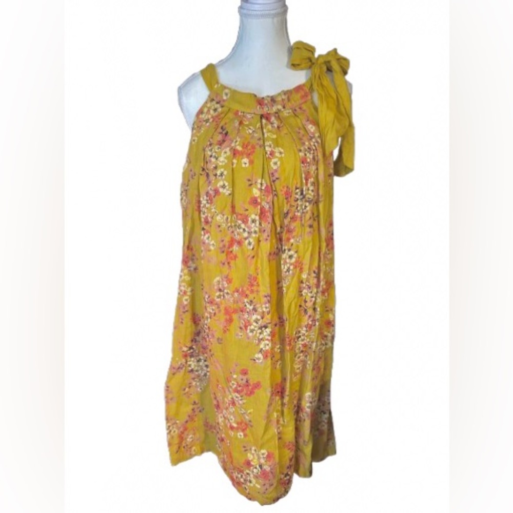 BELLAMBRA Italy Linen Cotton Dress Floral Large Boho Cottage Yellow Cottagecore